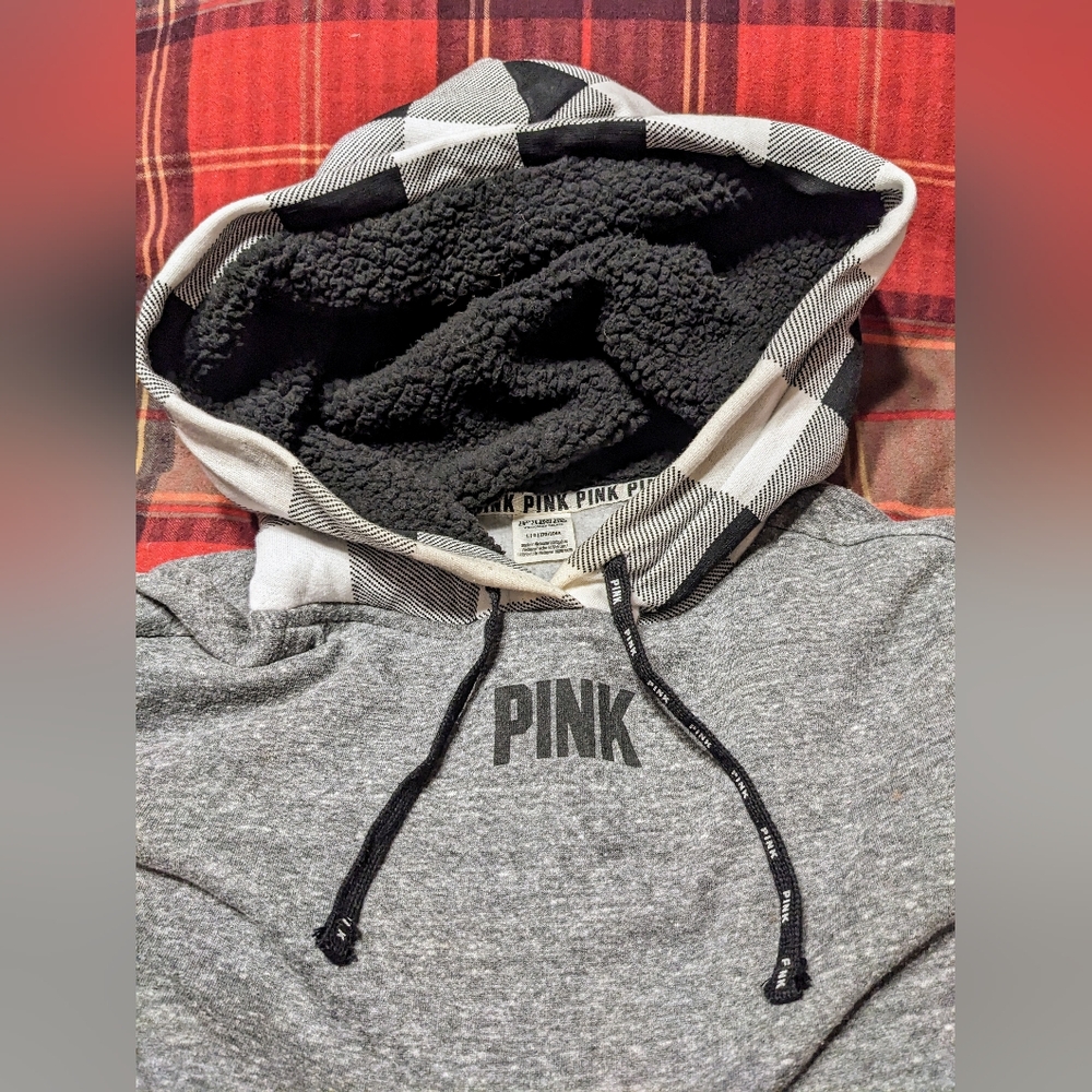PINK Victoria's Secret Buffalo Check and Sherpa Lined Hood Hoodie Sweatshirt L - Picture 3 of 10